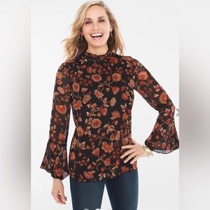 Chico's Floral Mock Neck Blouse with Pleated Sleeves